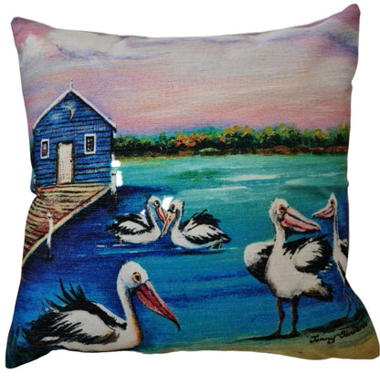 PELICANS-HOUSE ON THE BAY CUSHION COVER + INSERT 45cm x 45